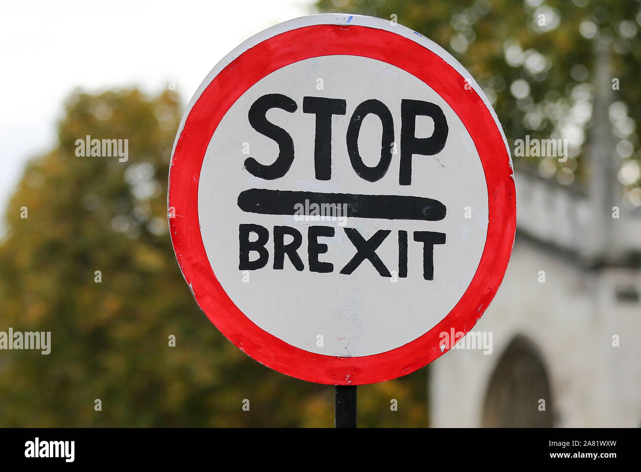 Eine der obersten Brexit' Zeichen in Westminster, London. Brexit nicht am 31. Oktober 2019, als die Staats- und Regierungschefs der EU geschehen gewährt Großbritannien bis zum 31. Januar 2020 für Brexit. Stockfoto