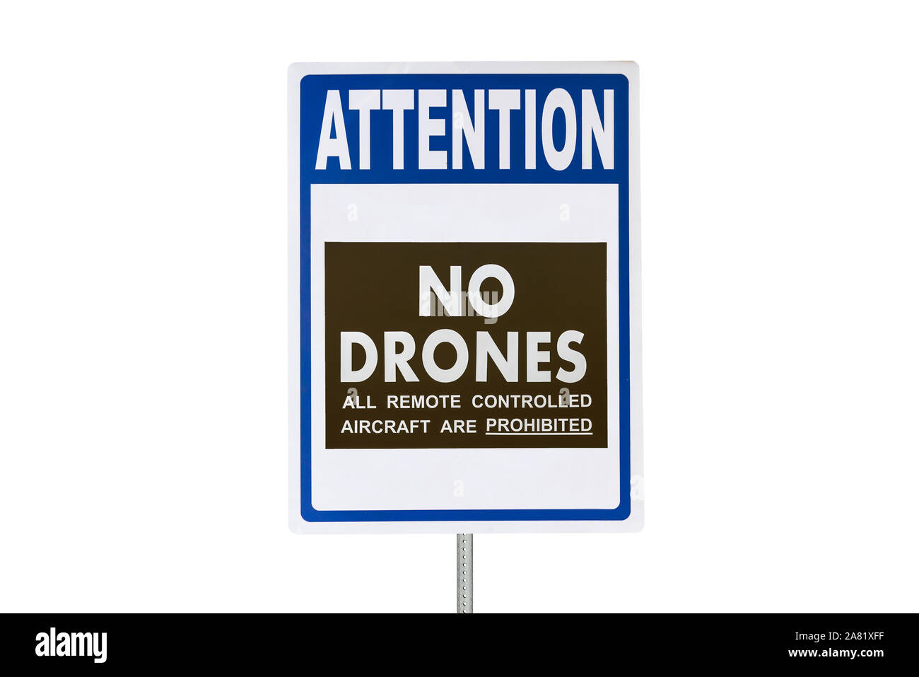 Achtung keine Drohnen alle ferngesteuerte Flugzeuge sind Zeichen isoliert auf weißem verboten. Stockfoto
