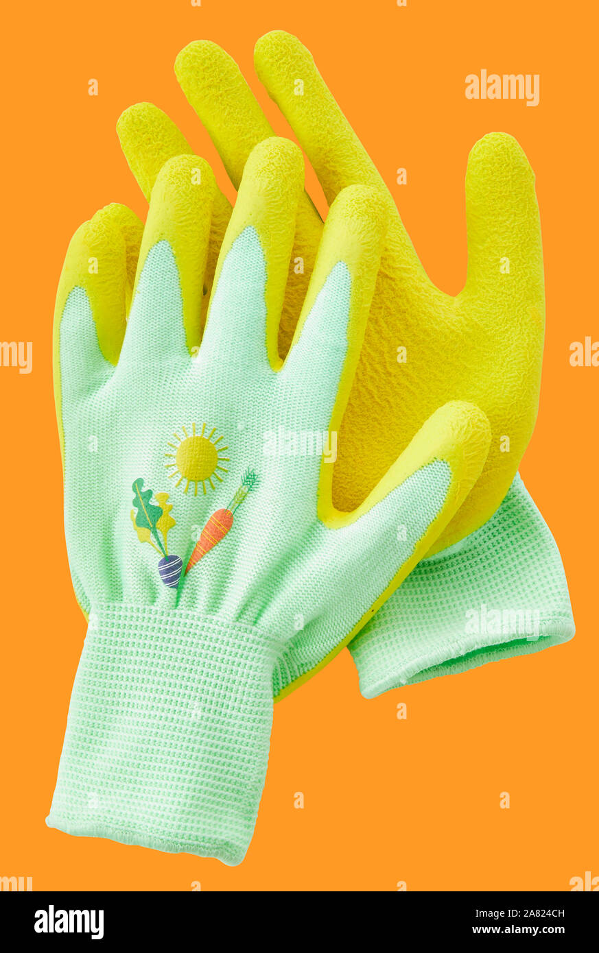 Garten Sonne Schutzhandschuhe auf orange Hintergrund mit Freistellungspfad isoliert Stockfoto