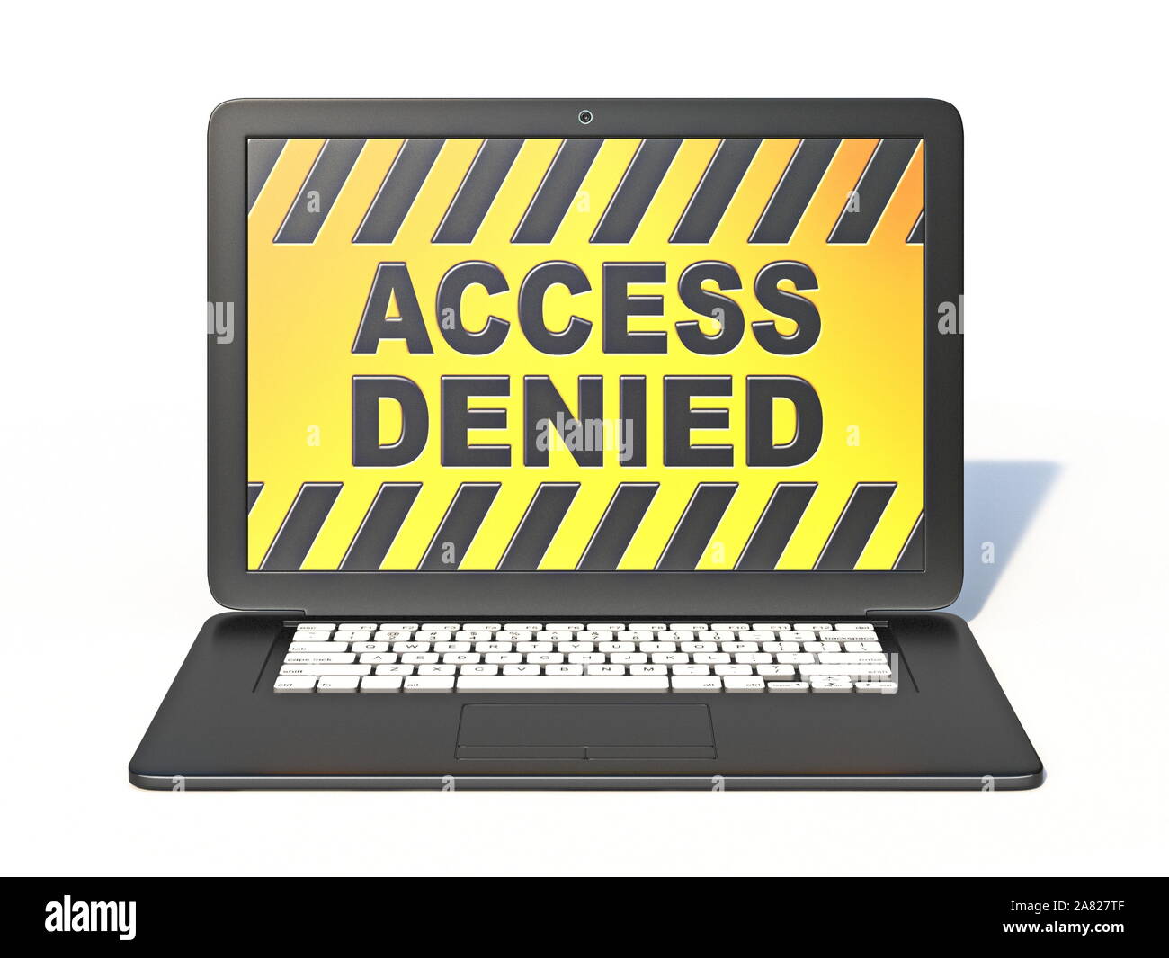 Schwarzer Laptop mit "Zugriff verweigert"-Zeichen auf dem Bildschirm, 3D-Rendering auf weißem Hintergrund Stockfoto