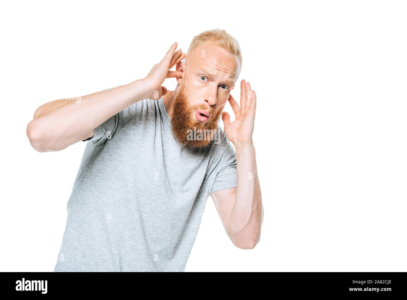 Besorgt, bärtiger Mann im grauen T-Shirt seine Ohren schließen von lauten Sound, isoliert auf weißem Stockfoto