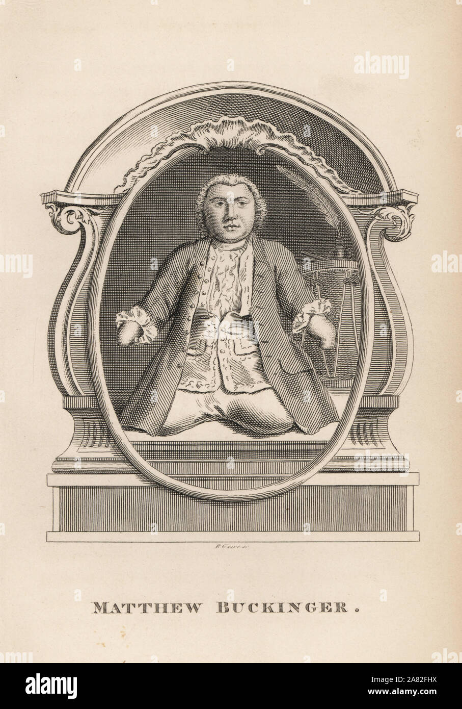 Matthäus Buckinger, deutscher Schauspieler, vier Mal verheiratet und hatte 11 Kinder, starben 1722. Gravur von R. Grab von James Caulfields Porträts, Memoiren und Zeichen von bemerkenswerter Personen, London, 1819. Stockfoto