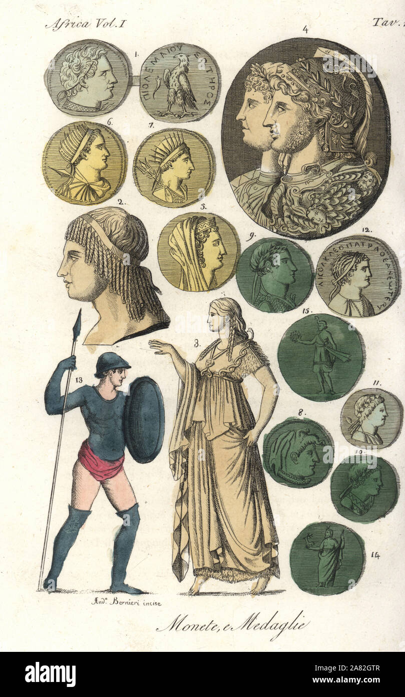 Münzen und Medaillen aus dem alten Ägypten, einschließlich Portraits von Ptolemäus Euergetes 1,13, Berenice 2, Arsinoe 3, Ptolemaios II Philadelphos 4, Arsinoe 5, Ptolemäus V EPIPHANES 6, Ptolemäus VIII Physcon 7, Ptolemäus IX Lathyros 8, Ptolemaios XI Alexander 9, Ptolemäus XII Auletes 10, und Kleopatra 12. Papierkörbe Kupferstich von Andrea Bernieri von Giulio Ferrrario's Kostüme antiken und modernen aller Völker (Il Kostüm Antico e Moderno di Tutti i Popoli), Florenz, 1843. Stockfoto
