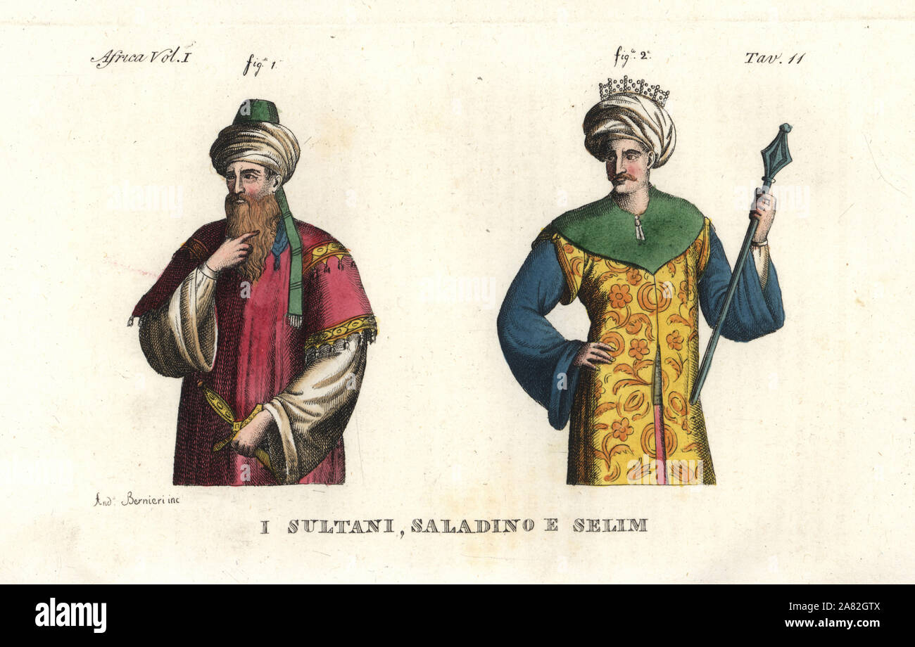 Saladin, der Sultan von Ägypten und Selim I., Sultan des Osmanischen Reiches. Papierkörbe Kupferstich von Andrea Bernieri von Giulio Ferrrario's Kostüme antiken und modernen aller Völker (Il Kostüm Antico e Moderno di Tutti i Popoli), Florenz, 1843. Stockfoto