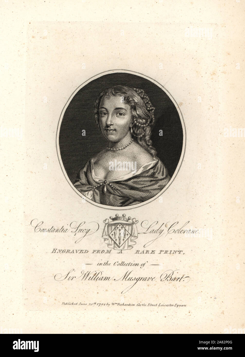 Constantia Lucy, Lady Colerane, Tochter von Sir Richard Lucy, starb 1680. Kupferstich von BIOGRAPHISCHEN Geschichte William Richardson's Porträts illustrieren Grangers von England, London, 1792 - 1812. James Granger (1723-1776) war ein englischer Pfarrer, Biograf und Drucken Sammler. Stockfoto