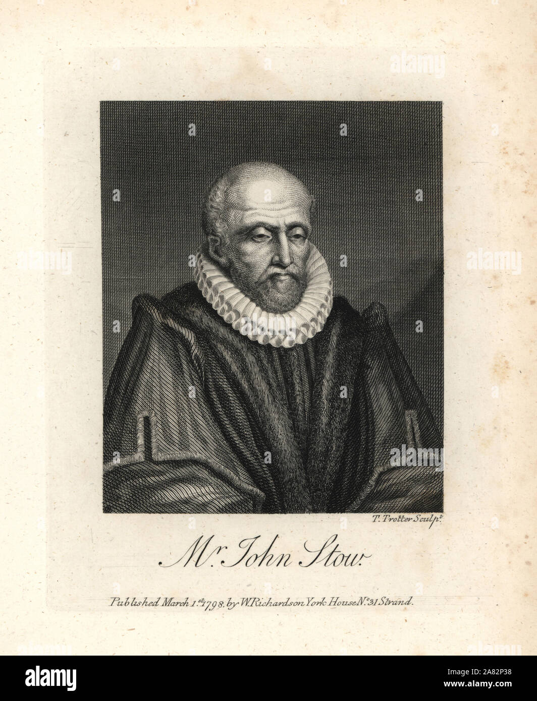 John Stow, englischer Historiker und antiquarische, der für seine Erhebung von London, 1598 bekannt. Kupferstich von T.Trotter aus BIOGRAPHISCHEN Geschichte William Richardson's Porträts illustrieren Grangers von England, London, 1792 - 1812. James Granger (1723-1776) war ein englischer Pfarrer, Biograf und Drucken Sammler. Stockfoto