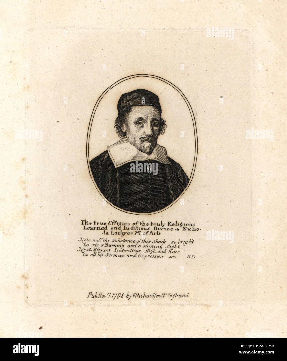 Nicholas Lockyer, englischer Geistlicher und Anhänger von Oliver Cromwell, starb 1685. Kupferstich nach Wenzel Hollar aus BIOGRAPHISCHEN Geschichte William Richardson's Porträts illustrieren Grangers von England, London, 1792 - 1812. James Granger (1723-1776) war ein englischer Pfarrer, Biograf und Drucken Sammler. Stockfoto