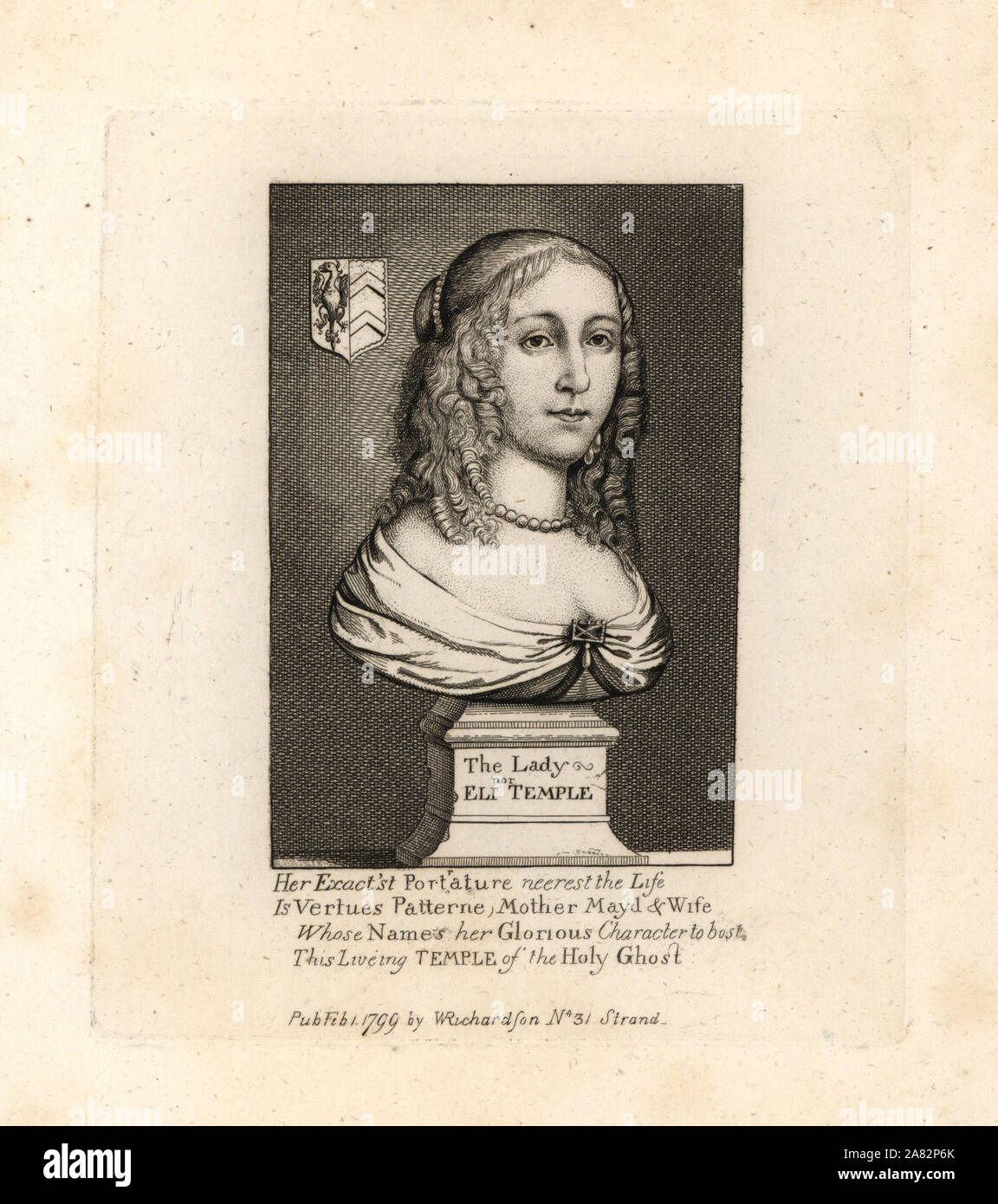Frau Elinor oder Eleanor Tempel, Frau von Sir Peter Temple, Büste mit Wappen, 1658. Kupferstich nach einem Portrait von Richard Gaywood aus BIOGRAPHISCHEN Geschichte William Richardson's Porträts illustrieren Grangers von England, London, 1792 - 1812. James Granger (1723-1776) war ein englischer Pfarrer, Biograf und Drucken Sammler. Stockfoto
