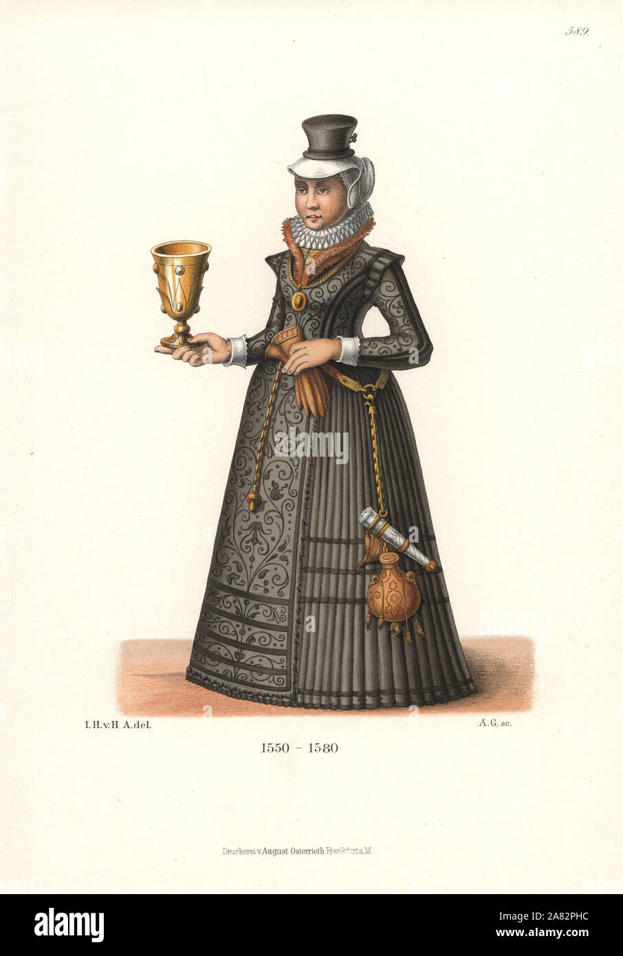 Swiss burger Frau aus der Mitte des 16. Jahrhunderts, mit einem Kelch. Aus einem farbigen Stift und Tinte Zeichnung, vermutlich für Glasmalerei Wappen. Von Hefner-Alteneck Chromolithograph's Kostüme, Kunstwerke und Geräte vom Mittelalter bis in das 17. Jahrhundert, Frankfurt, 1889. Illustration von Dr. Jakob Heinrich von Hefner-Alteneck, Lithographiert von A.G. Dr. Hefner-Alteneck (1811-1903) war eine Deutsche, die die Kuratorin des Museums, Archäologe, Kunsthistoriker, Zeichner und Kupferstecher. Stockfoto