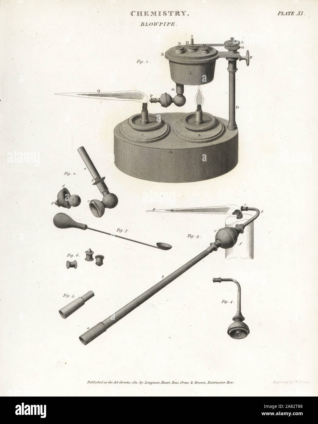 Gas blasrohr oder lötlampe, Anfang des 19. Jahrhunderts. Kupferstich von Wilson Lowry von Abraham Rees Cyclopedia oder Universal Wörterbuch der Künste, der Wissenschaften und der Literatur, Longman, Hurst, Rees, Orme und Brown, London, 1811. Stockfoto