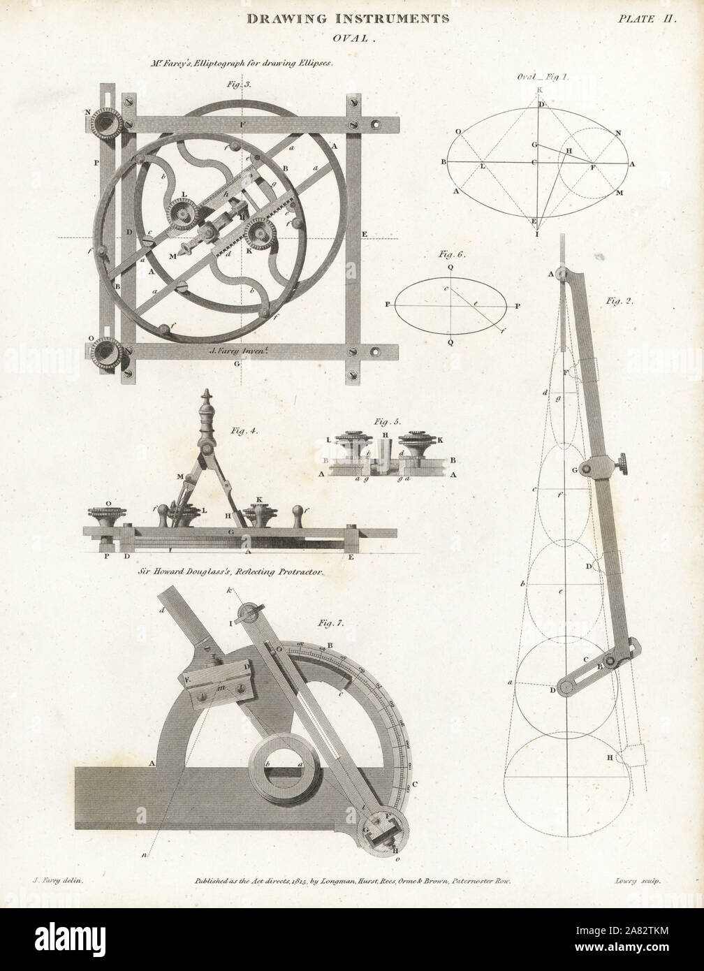 Zeichnung Instrumente, einschließlich John Farey elliptograph für das Zeichnen von Ellipsen und Sir Howard Douglas' reflektieren Winkelmesser in Form eines Sextanten. Kupferstich von Wilson Lowry nach einer Zeichnung von John Farey von Abraham Rees Cyclopedia oder Universal Wörterbuch der Künste, der Wissenschaften und der Literatur, Longman, Hurst, Rees, Orme und Brown, London, 1815. Stockfoto