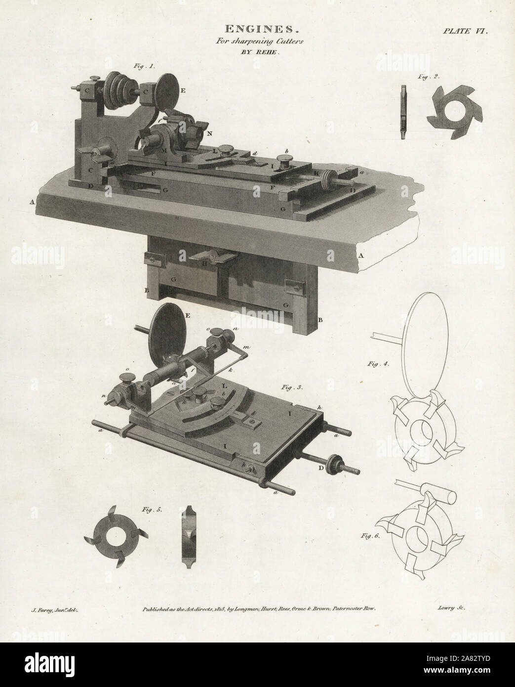 Motoren zum Schleifen der Messer durch die ausgeklügelte Mechanik und Uhrmacher Samuel Rehe von London, 18. Kupferstich von Wilson Lowry nach einer Zeichnung von John Farey Jr. von Abraham Rees Cyclopedia oder Universal Wörterbuch der Künste, der Wissenschaften und der Literatur, Longman, Hurst, Rees, Orme und Brown, London, 1818. Stockfoto