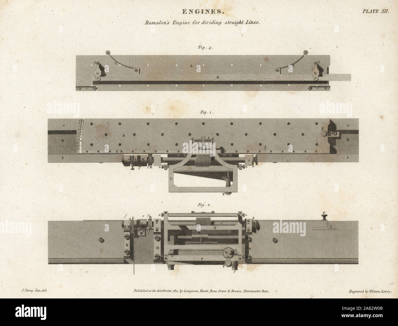 Jesse Ramsden's Motor für die Aufteilung von geraden Linien, 18. Kupferstich von Wilson Lowry nach einer Zeichnung von John Farey Jr. von Abraham Rees Cyclopedia oder Universal Wörterbuch der Künste, der Wissenschaften und der Literatur, Longman, Hurst, Rees, Orme und Brown, London, 1811. Stockfoto