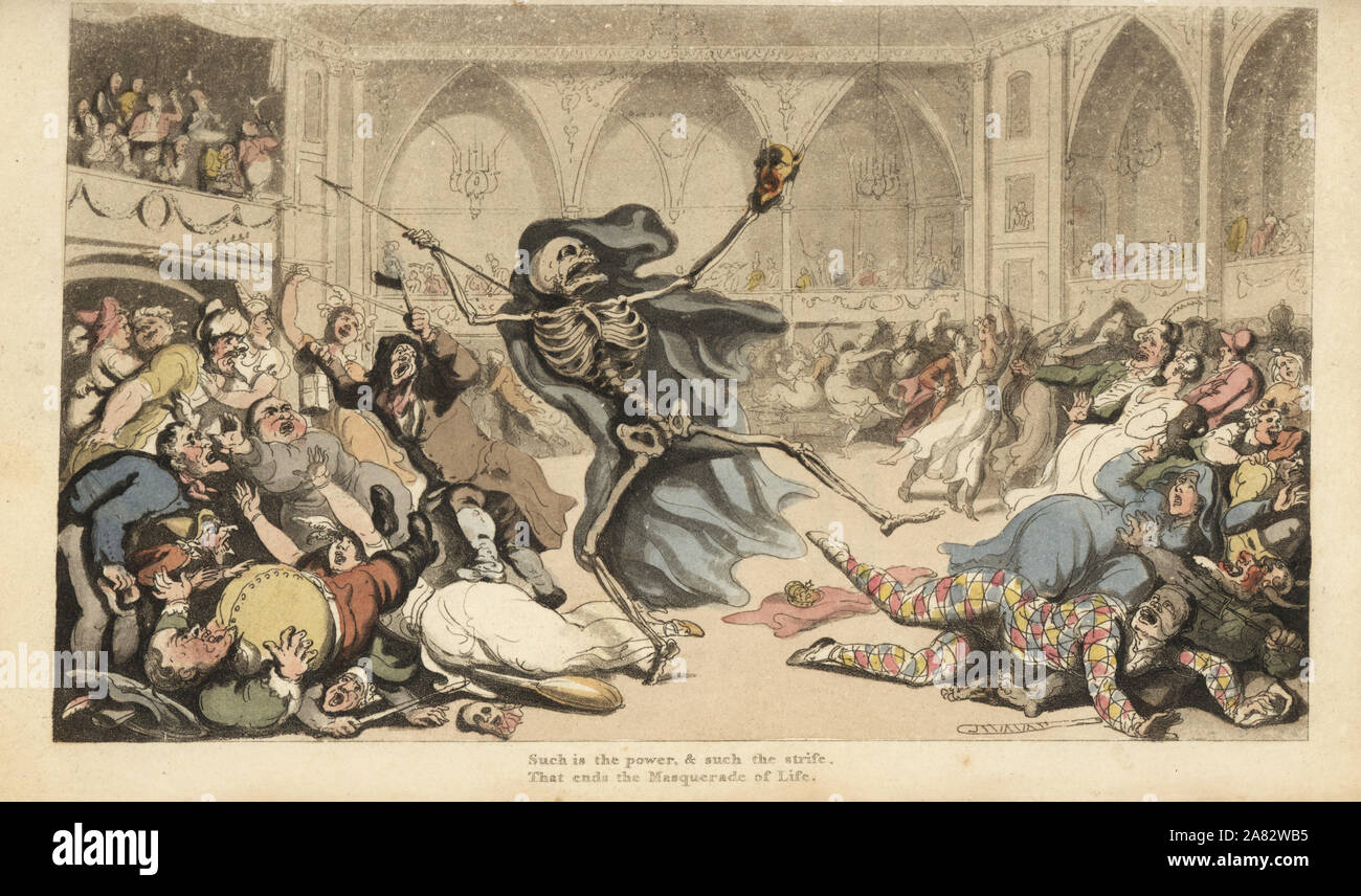 Das Skelett des Todes mit seinen Dart verursacht einen Aufruhr unter dem Harlekine, Jockeys, Nonnen, Türken und Narren zu einem Maskenball. Papierkörbe Kupferstich erstellt und von Thomas Rowlandson aus dem Englischen Tanz des Todes, Ackermann, London, 1816 eingraviert. Stockfoto