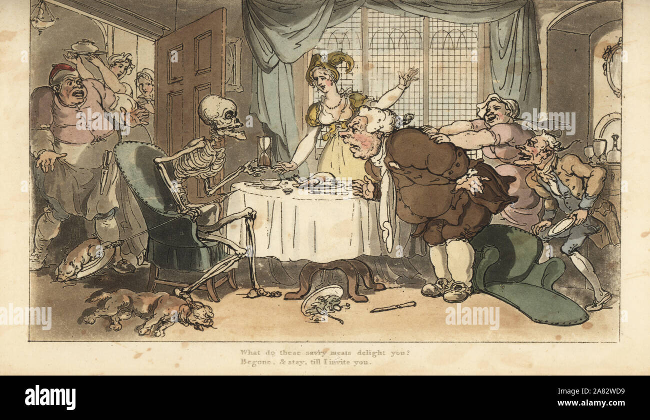 Das Skelett des Todes mit Dart und Sanduhr kommt für den Vielfraß, als er feste zum Abendessen. Papierkörbe Kupferstich erstellt und von Thomas Rowlandson aus dem Englischen Tanz des Todes, Ackermann, London, 1816 eingraviert. Stockfoto