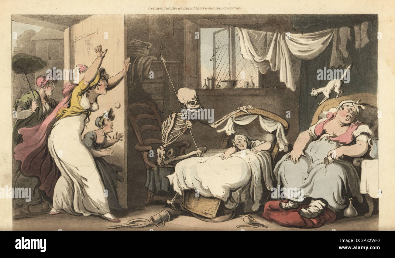 Das Skelett des Todes Felsen die Wiege einer Baby, während das Kindermädchen schläft und die verstörte Mutter zu Hause ankommt. Papierkörbe Kupferstich erstellt und von Thomas Rowlandson aus dem Englischen Tanz des Todes, Ackermann, London, 1816 eingraviert. Stockfoto