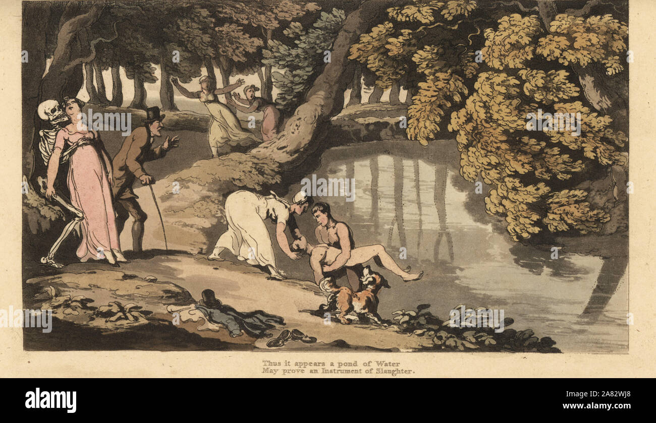 Das Skelett der Tod der Mutter, wie sie Zeugen leblosen Körper ihres Sohnes aus dem See gezogen. Papierkörbe Kupferstich erstellt und von Thomas Rowlandson aus dem Englischen Tanz des Todes, Ackermann, London, 1816 eingraviert. Stockfoto