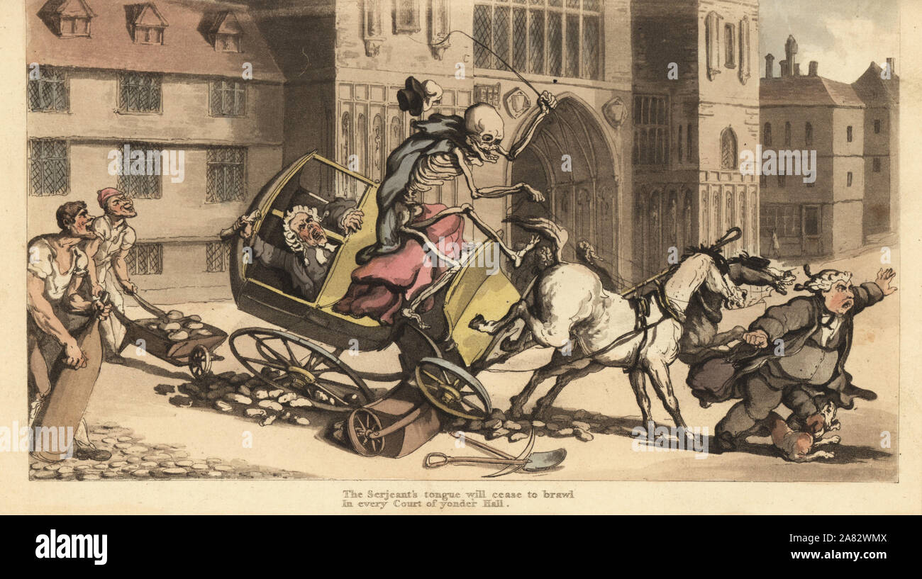 Das Skelett des Todes in Mantel und Kappe treibt eine Zwei-Kutsche, wie er sich in Baustellen Töten sein Passagier abstürzt, ein Gericht Officer. Papierkörbe Kupferstich erstellt und von Thomas Rowlandson aus dem Englischen Tanz des Todes, Ackermann, London, 1816 eingraviert. Stockfoto