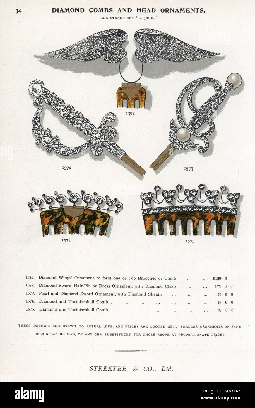 Diamond Kämme und Kopf Ornamente, Flügel, Schwert, usw. hilts Chromolithograph von Edwin Streeter's Edelsteine Katalog, Bond Street, London, ca. 1895. Stockfoto