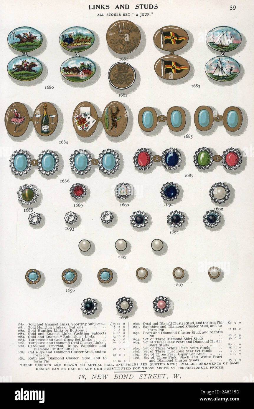 Manschettenknöpfe und Shirt Bolzen in Gold und Emaille, opal, Saphir, Diamant, Türkis und Ruby. Chromolithograph von Edwin Streeter's Edelsteine Katalog, Bond Street, London, ca. 1895. Stockfoto