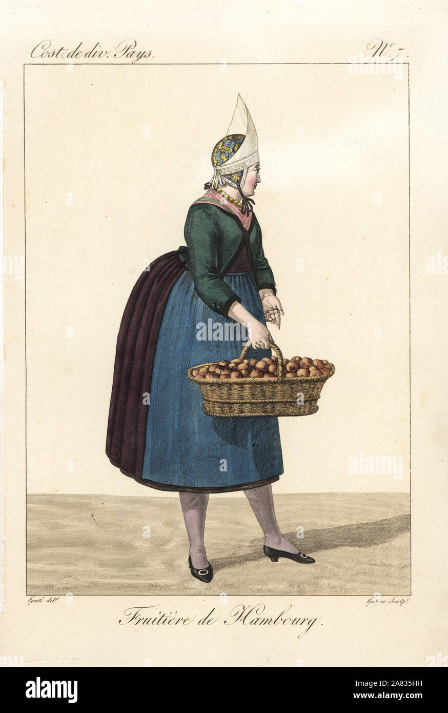 Obst Verkäufer von Hamburg, Deutschland, mit Korb mit Äpfeln, 19. Sie trägt ein gestärkter Fichu auf ihrer Motorhaube und viele Petticoats über den Anderen getragen. Papierkörbe Kupferstich von Georges Jacques Gatine nach einer Illustration von Louis Marie Lante von Kostümen der verschiedenen Länder, Kostüme de Divers Pays, Paris, 1827. Stockfoto