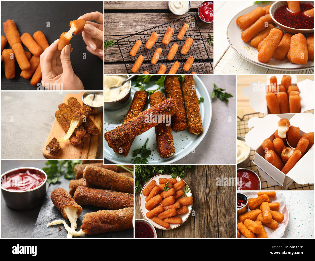 Collage aus Fotos mit leckeren Mozzarella sticks Stockfoto