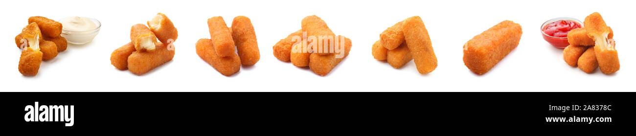 Collage mit leckeren Mozzarella Sticks auf weißem Hintergrund Stockfoto