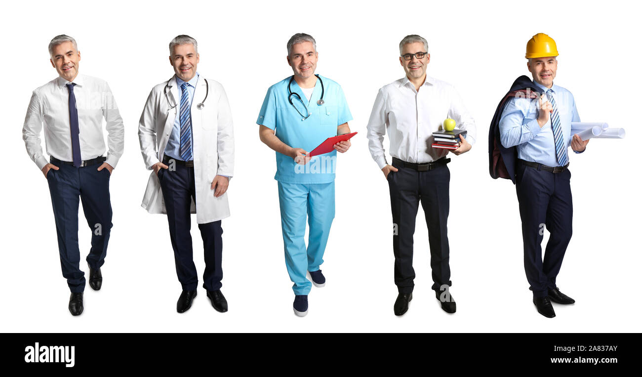 Collage mit Menschen in Uniformen der verschiedenen Berufe auf weißem Hintergrund Stockfoto