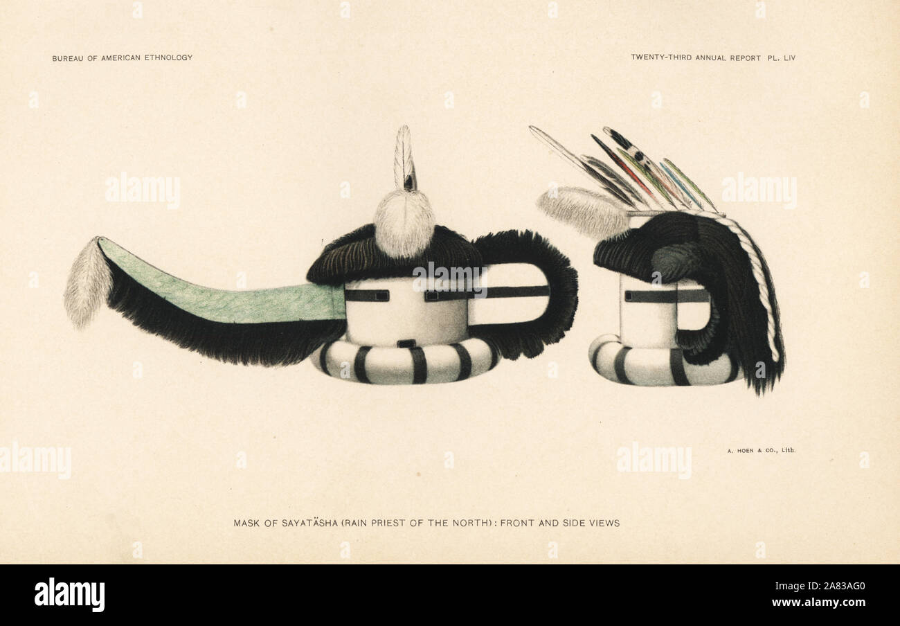 Maske des Sayatasha, Regen Priester des Nordens, Zuni Nation. Chromolithograph bis August Hoen von John Wesley Powell's 23. Jahresbericht des Präsidiums der amerikanischen Ethnologie, Washington, 1904. Stockfoto