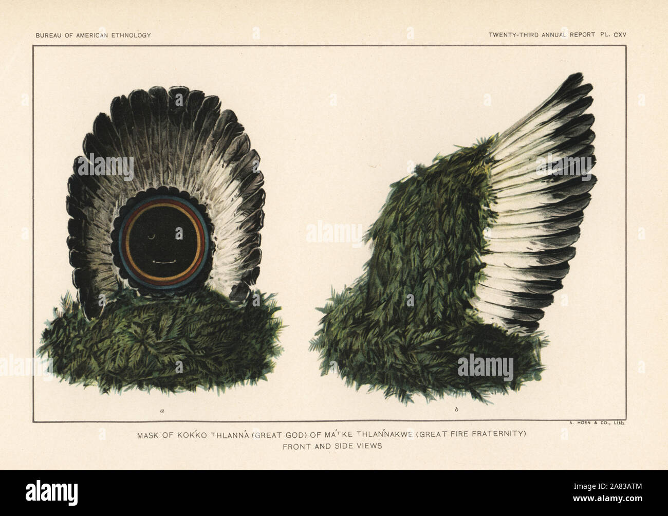 Die Maske des Kok'ko Thlann'a, Großer Gott, von Ma'tke Thlan" nakwe, große Feuer Brüderlichkeit, Zuni Nation. Chromolithograph bis August Hoen von John Wesley Powell's 23. Jahresbericht des Präsidiums der amerikanischen Ethnologie, Washington, 1904. Stockfoto