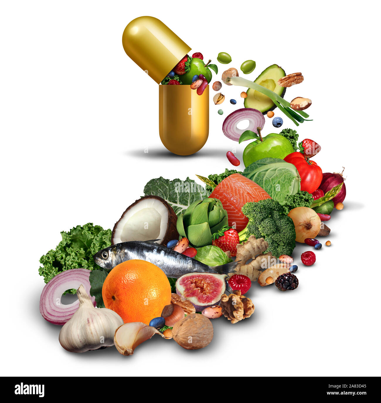 Natürliche Nahrungsergänzung und Vitamine Medikation als offene Pille mit Obst Gemüse Nüsse und Bohnen in einem Nährstoff Produkt als Wellness. Stockfoto