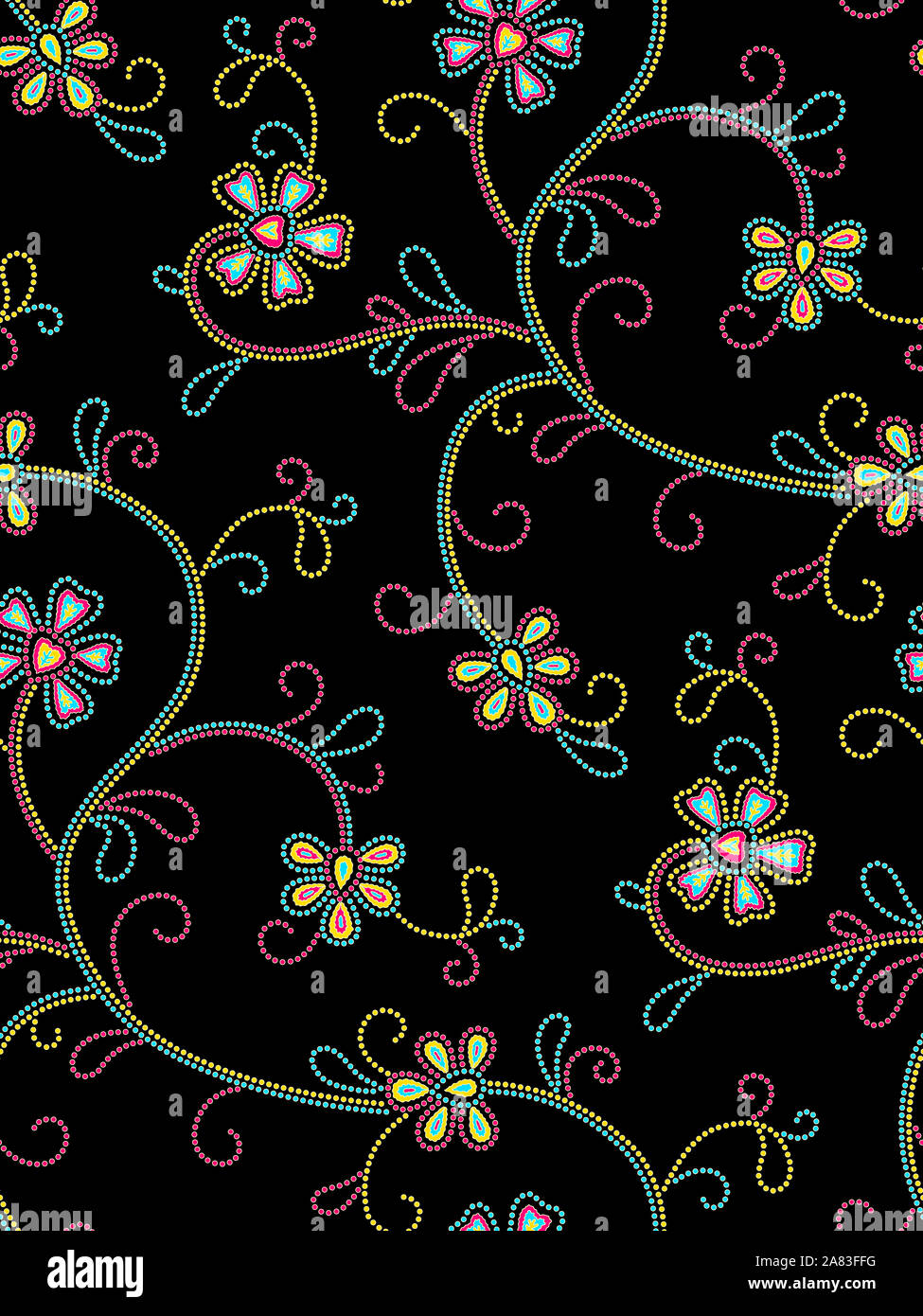 Nahtlose bunte Polka Dot floral Design mit schwarzem Hintergrund Stockfoto