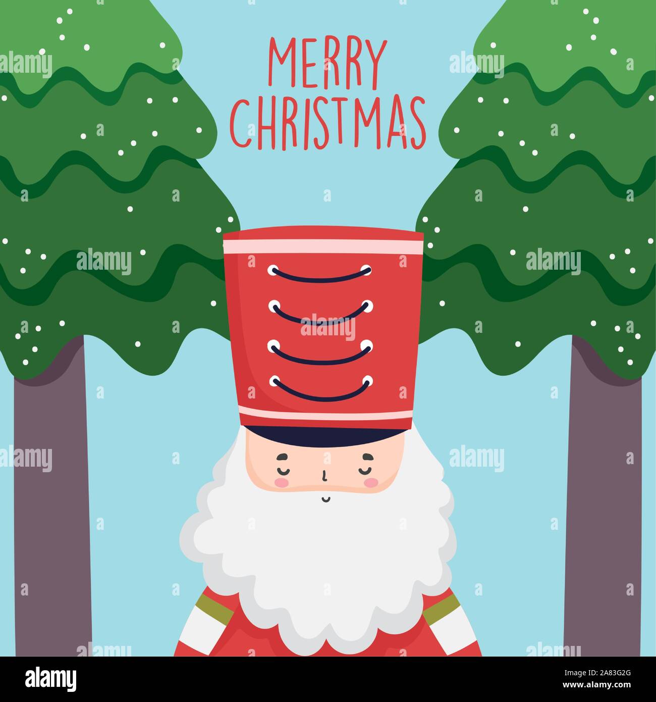 Frohe Weihnachten Feier cute Nussknacker Soldat mit Hut und Bäume Schnee Vector Illustration Stock Vektor