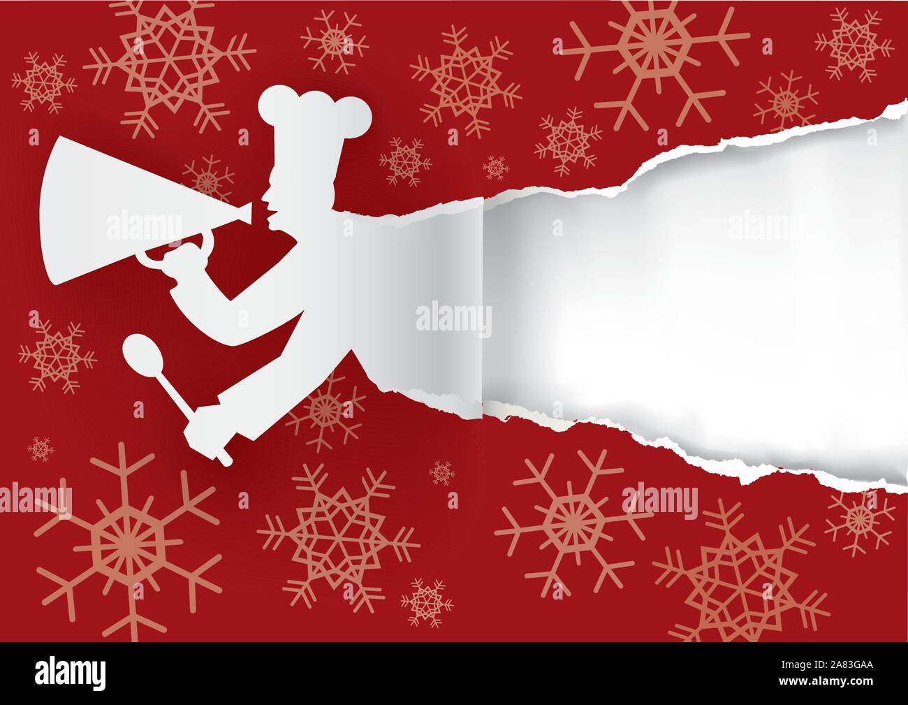 Koch Weihnachtsmenü, zerrissenes Papier Hintergrund. Papier Silhouette von Cook mit Megafon ripping rotes Papier Weihnachten Hintergrund. Vektor zur Verfügung. Stock Vektor
