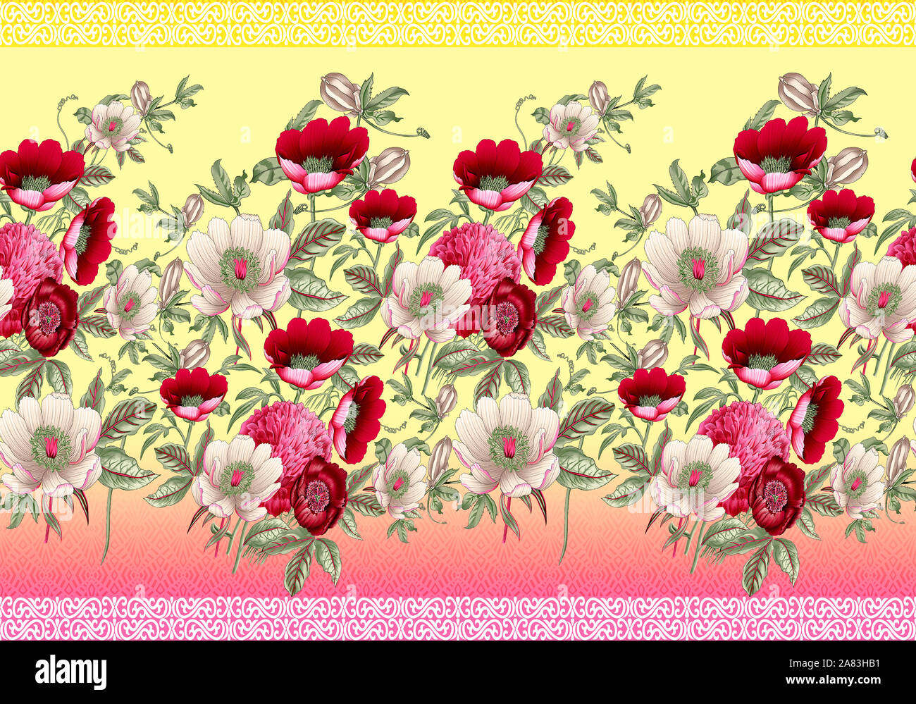 Schöne Blumen Blume Grenze mit gelbem Hintergrund Stockfoto