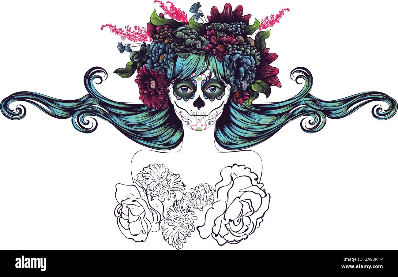 Tag der Toten Abbildung mit Sugar Skull girl in dekorativen Blumenkranz. Stock Vektor