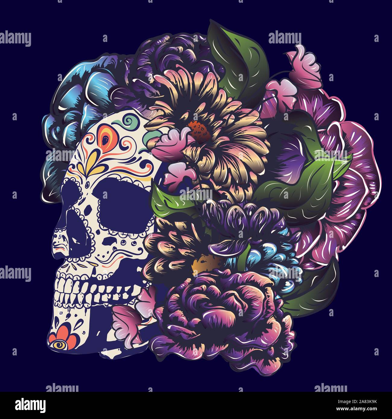Tag der toten Blumen Sugar Skull mit Blumen farbenfrohes Design. Stock Vektor
