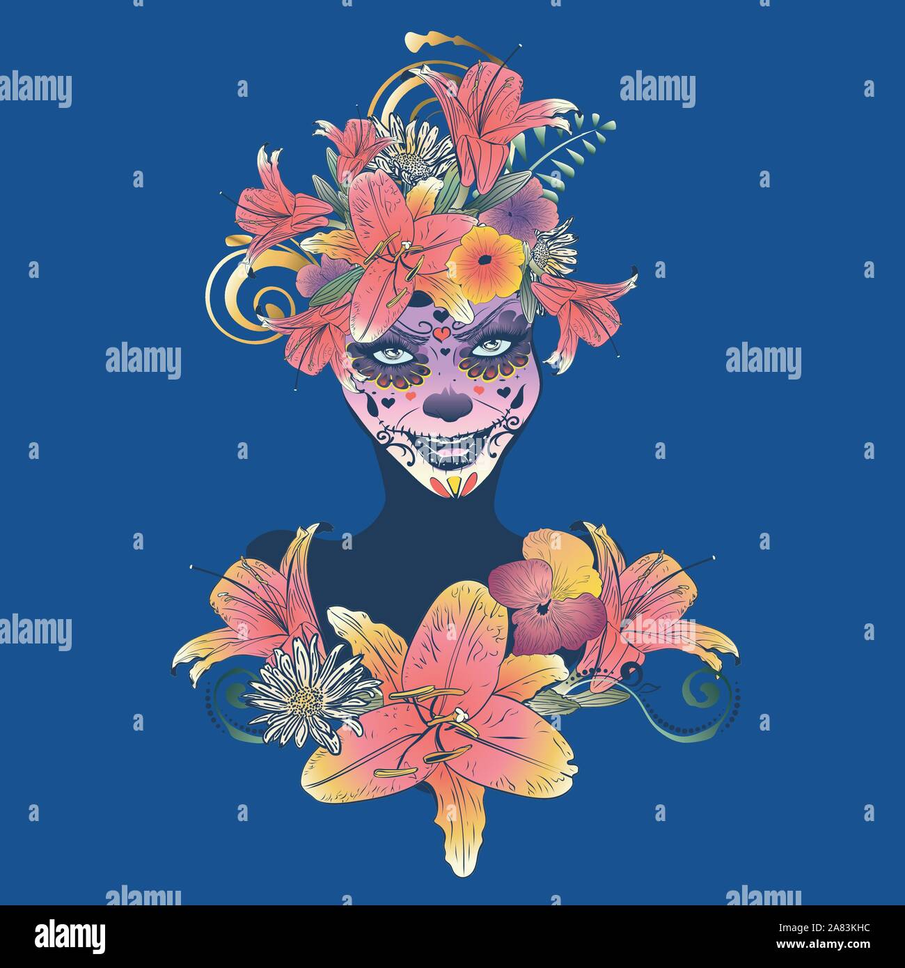 Zombie oder Hexe Frau mit halloween Sugar Skull Make-up in Blume Krone mit Lily Blumen. Stock Vektor