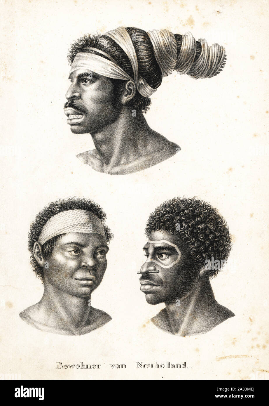 Australischen Aborigines der Malaiischen Rasse. - Mour-Re Mour-Ga, Mann in Turban, Y-Erran-Gou - La-Ga, Mann mit Kinderschminken und Ou-Re - Kühe, Frau in Bandana (nach Nicolas-Martin Petit). Von Karl Joseph Brodtmann von Heinrich Rudolf Schinz illustrierte Naturgeschichte der Menschen und der Tiere, 1836 Lithographie. Stockfoto