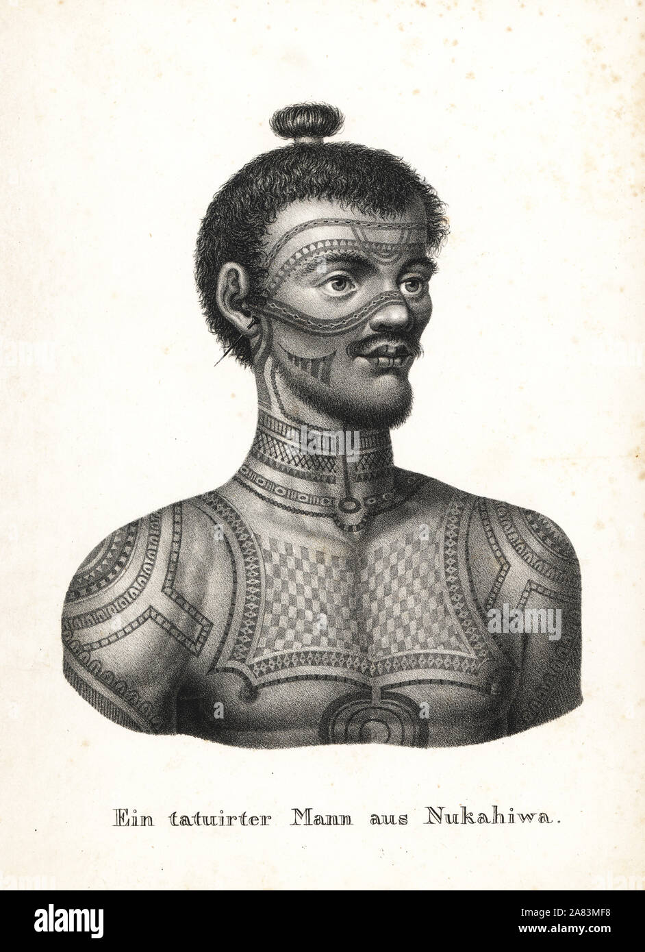 Tätowiert Krieger von nuka Hiva, Marquesas Inseln (Nukahiwa). Haare in Haarschopf, Tätowierungen über sein Gesicht, Hals, Brust und Schultern. Von Wilhelm Gottlieb Tilesius von Tilenau kopiert. Von Karl Joseph Brodtmann von Heinrich Rudolf Schinz illustrierte Naturgeschichte der Menschen und der Tiere, 1836 Lithographie. Stockfoto