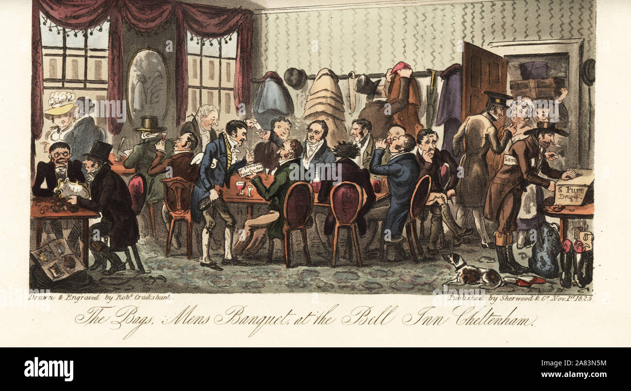 Regency Herren Dining mit Handelsreisende bei einem Handwerker Hotel in Cheltenham. Die Bagmens Bankett im Bell Inn Cheltenham. Papierkörbe Kupferstich erstellt und von Robert Cruikshank aus dem Englischen Spion, London, 1825 eingraviert. Von Bernard Blackmantle, ein Pseudonym für Rothwell Westmacott geschrieben. Stockfoto