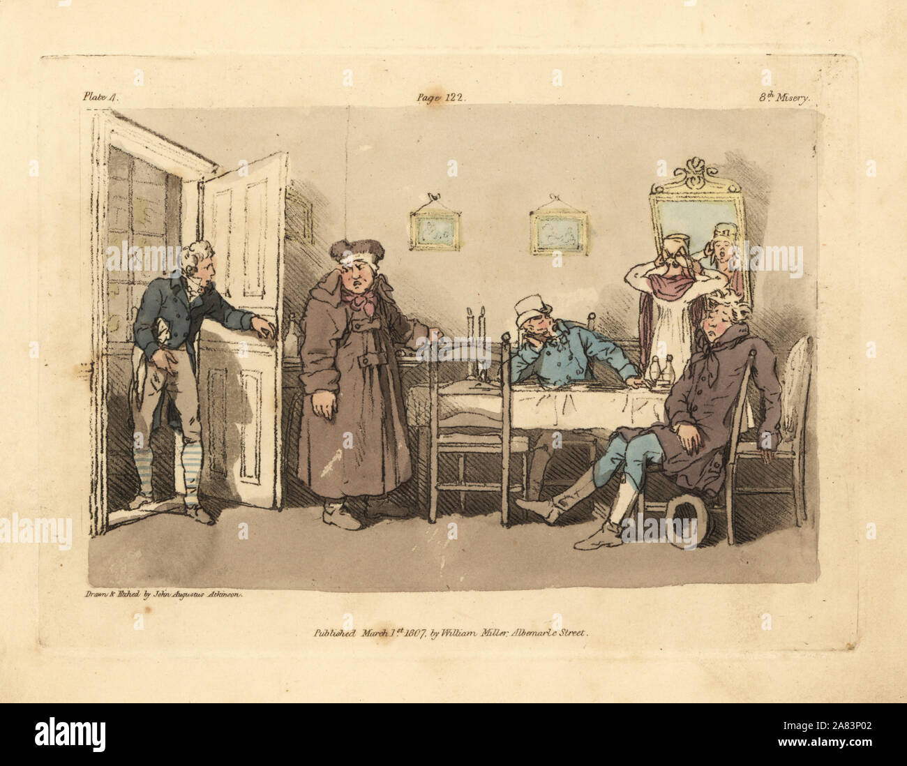 Müde Postkutsche Passagiere warten auf das Abendessen in einem kalten Zimmer in einem Gasthaus. Papierkörbe Kupferplatte gezeichnet und von John Augustus Atkinson von Abbildungen von dem Elend der menschlichen Lebens geätzt, William Miller, London, 1807. Stockfoto