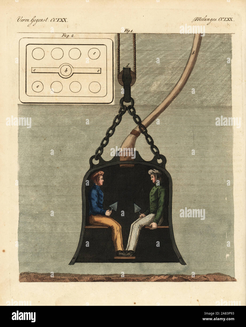 Tauchen Bell mit zwei Taucher an Bord, circa 1820. Eine verbesserte Version von tauchen Edmond Halley's bell, dieses hermetisch verschlossenen tauchen Kammer durch die Luft durch ein Kupferrohr von der Oberfläche geliefert wurde. Papierkörbe Kupferstich von Johann Friedrich Bertuch's Bilderbuch pelz Kinder (Bilderbuch für Kinder), Weimar, 1823. Stockfoto