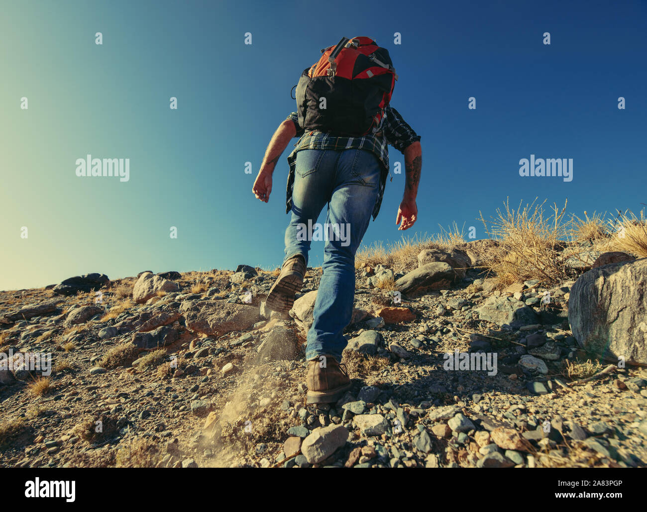 Wanderer oder Backpacker geht bergauf mit grossen Rucksack. Trekking Tourismus Konzept Stockfoto