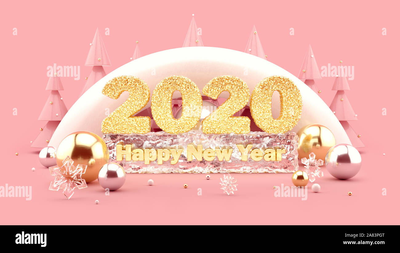 2020 Frohes Neues Jahr 3D-Abbildung mit golden glitzernden Schriftzügen und geschmückten Weihnachtsbaum. 3D-Rendering. Stockfoto