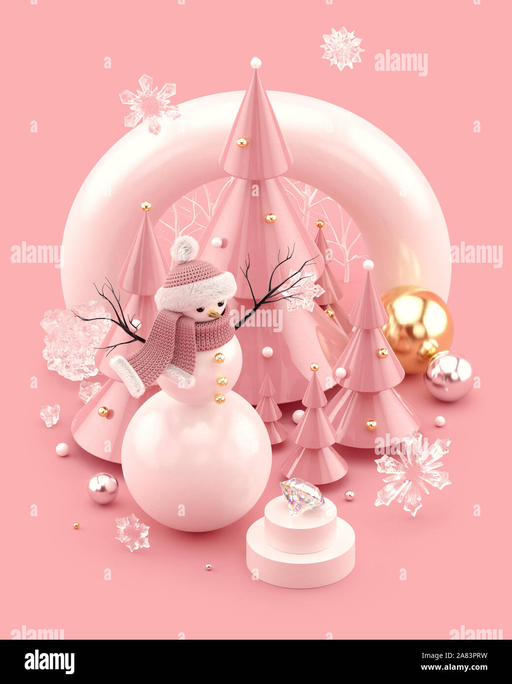 Weihnachten Abbildung mit niedlichen Schneemann, Weihnachtsbäume, und Schneeflocken. Xmas Vorlage für Poster, Abdeckungen und Banner. 3D-Rendering. Stockfoto
