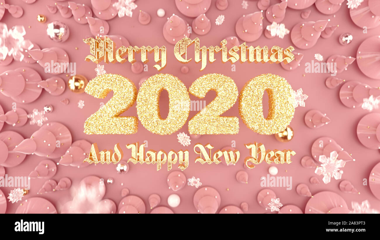 Neues Jahr 2020 typografische Hintergrund mit Weihnachtsbäumen und golden Frohes neues Jahr wünsche. 3D-Rendering. Stockfoto