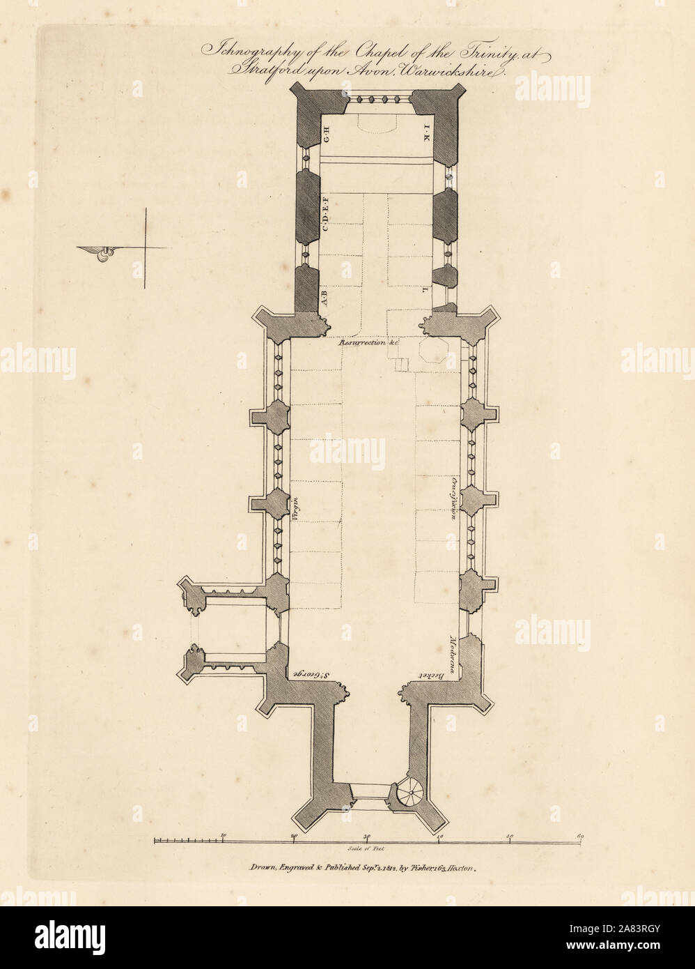 Ichnography der Kapelle der Dreifaltigkeit, Stratford-upon-Avon, Warwickshire. Radierung von Thomas Fischer von seinen Gemälden an den Wänden der Kapelle der Dreifaltigkeit, Stratford Upon Avon, 1808. Stockfoto