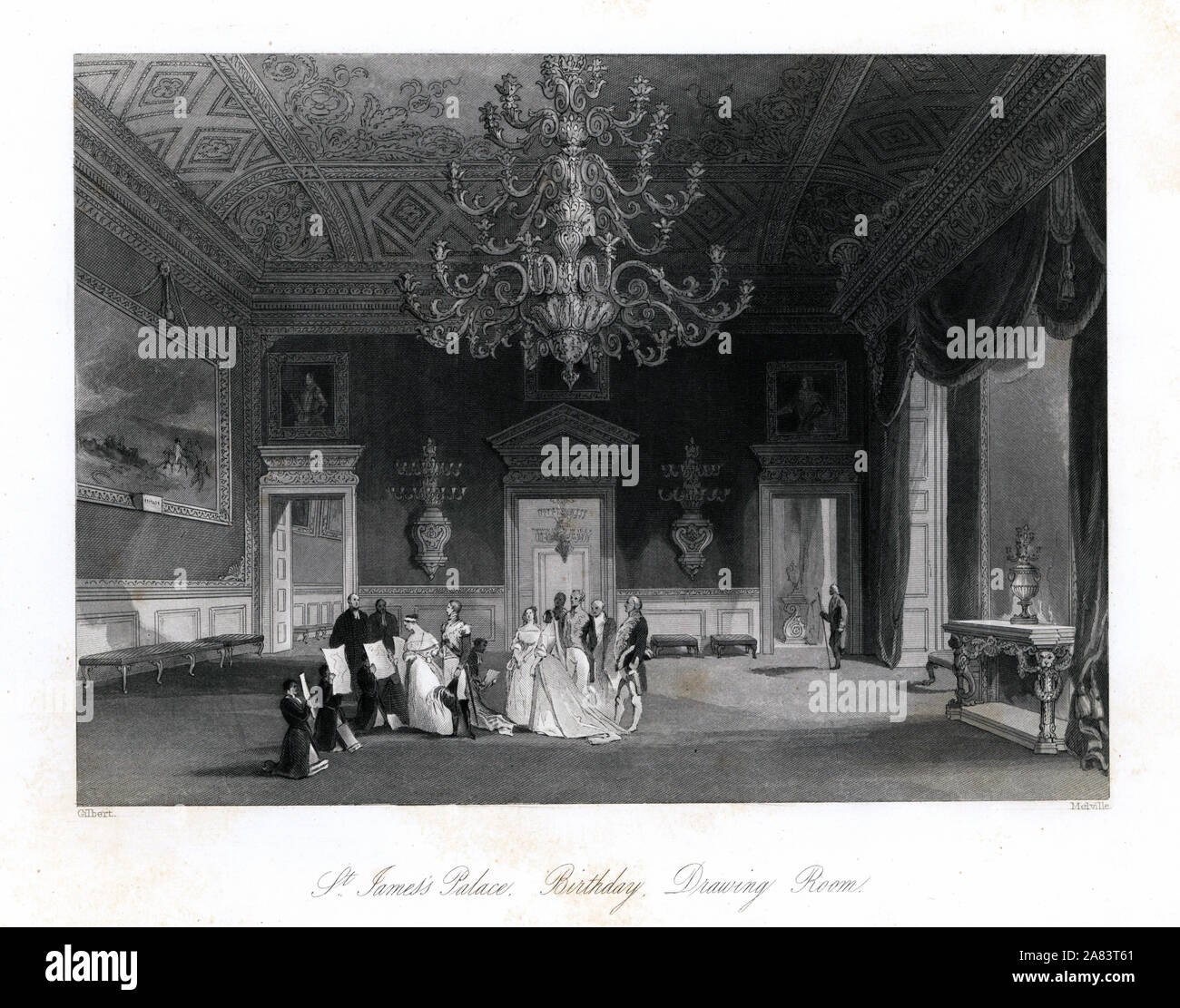 Geburtstag Feier für Königin Victoria im Salon, St. James' Palace. Stahlstich von Henry Melville nach einer Illustration von J. Gilbert aus London Interieur, ihre Kostüme und Zeremonien, Joshua Mead, London, 1841. Stockfoto