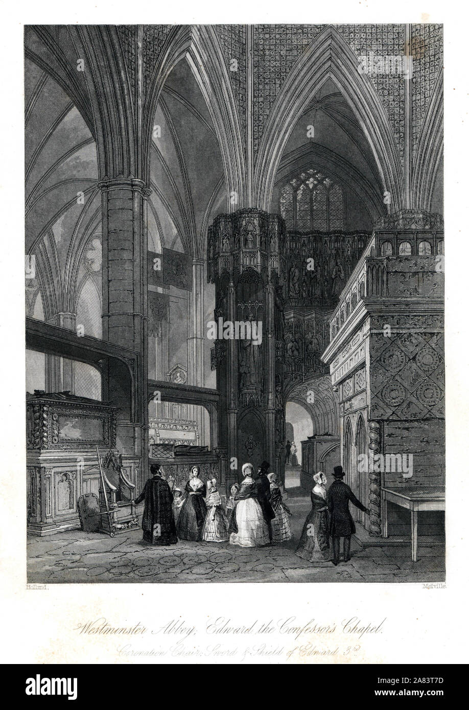 Krönung Stuhl, Schwert und Schild des Königs Edward III in Edward dem Bekenner Kapelle, die Westminster Abbey. Stahlstich von Henry Melville nach einer Illustration von Holland aus London Interieur, ihre Kostüme und Zeremonien, Joshua Mead, London, 1841. Stockfoto